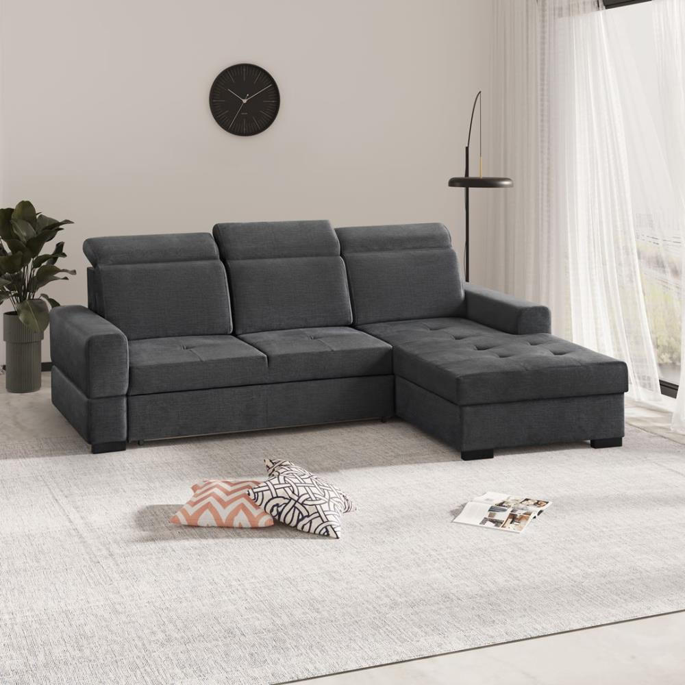 ECKSCHLAFSOFA Alex Mini dunkelgrau rechts - Dunkelgrau/Schwarz, Textil (245/185cm) - Beautysofa