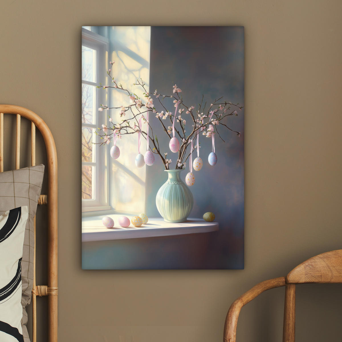 LEINWANDBILD Stillleben - Vase - Osterzweig Wanddeko Schlafzimmer 60x90 cm - Hellblau, Textil (60/90cm) - MuchoWow