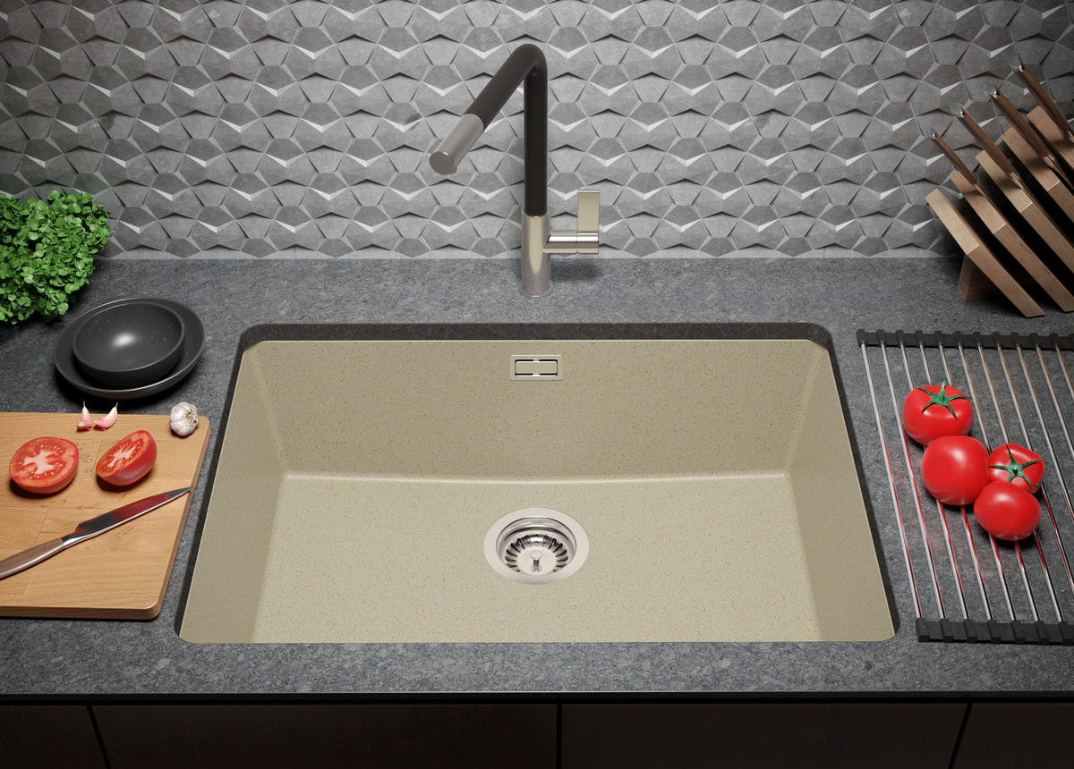 UNTERBAUSPÜLE GRANIT London, 2-er set Beige 66/47 cm 1 Becken + Küchenarmatur 40/20 cm + Ablauf-Set ab 70er Unterschrank - Chromfarben/Beige, Kunststoff (66/20/47cm) - Primagran