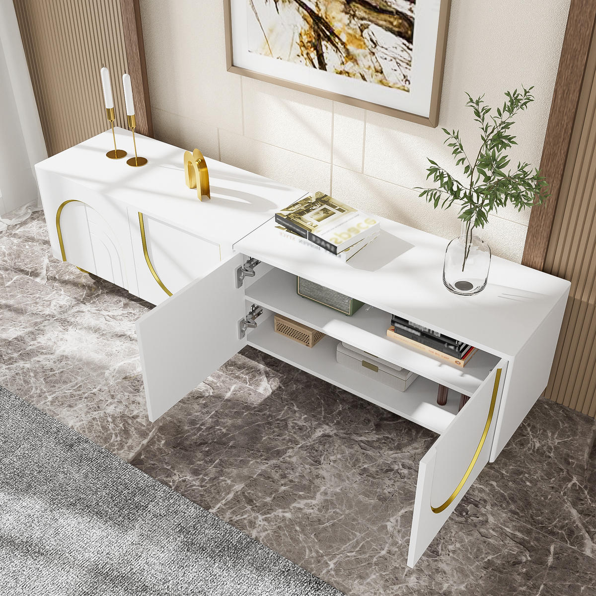 TV-SCHRANK in Weiß/Gold mit 4 Push-to-Open Türen 170/38/44 cm - Weiß, Holzwerkstoff (170/44/38cm) - Redom