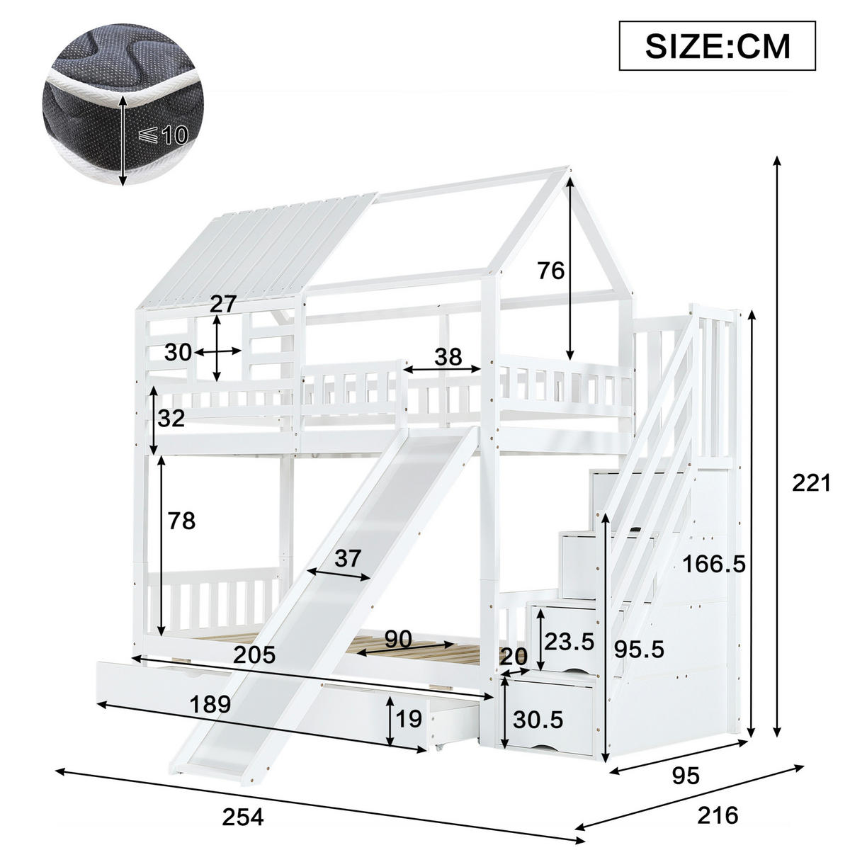 POSCHODOVÁ posteľ 90/200 cm biela so schodmi, šmykľavkou a úložným priestorom z masívneho dreva a MDF - biela, kompozitné drevo (90/200cm) - OKWISH