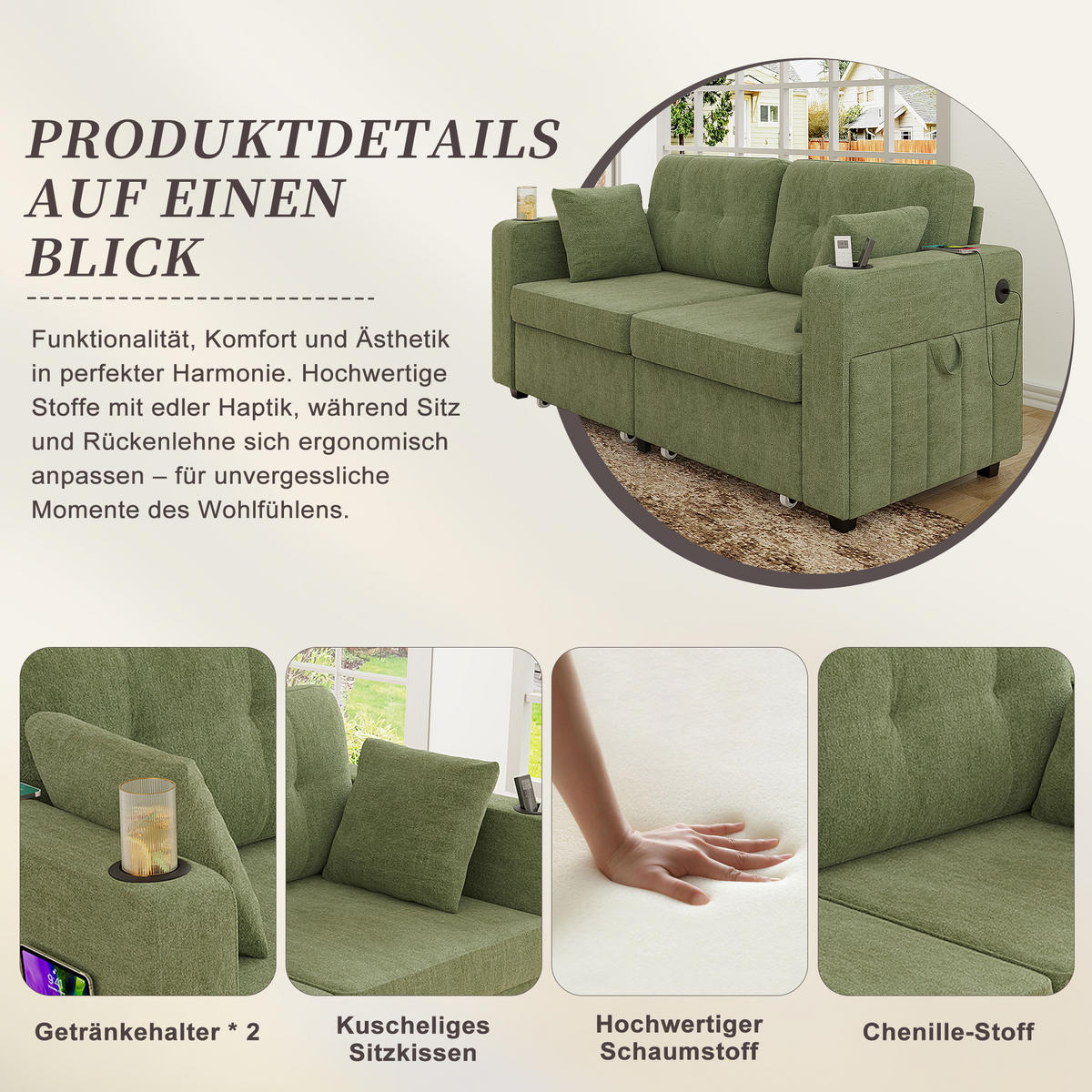 2-SITZER SOFA Chenille Olive mit USB und Stauraumschubladen - Olivgrün, Textil/Metall (172/82/75cm) - WISHDOR