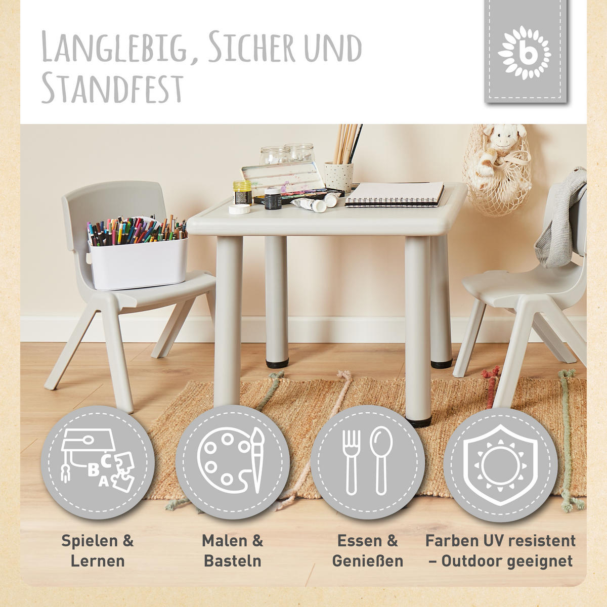 KINDERTISCH mit 2 Stühlen für innen - Grau, Kunststoff (62/52/62cm) - Bieco Spielwaren