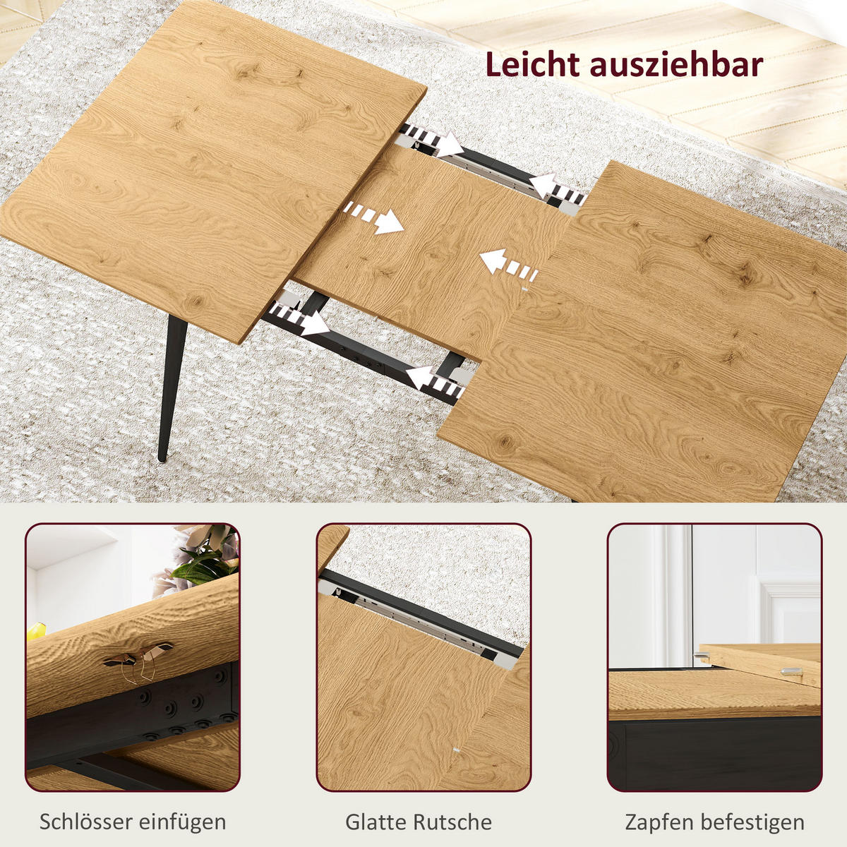 ESSTISCH ausziehbar 120/160 x 75 cm Küchentisch für 6-8 Personen Stahl, Natur - Schwarz/Naturfarben, Holzwerkstoff/Metall (160/75/77cm) - HOMCOM