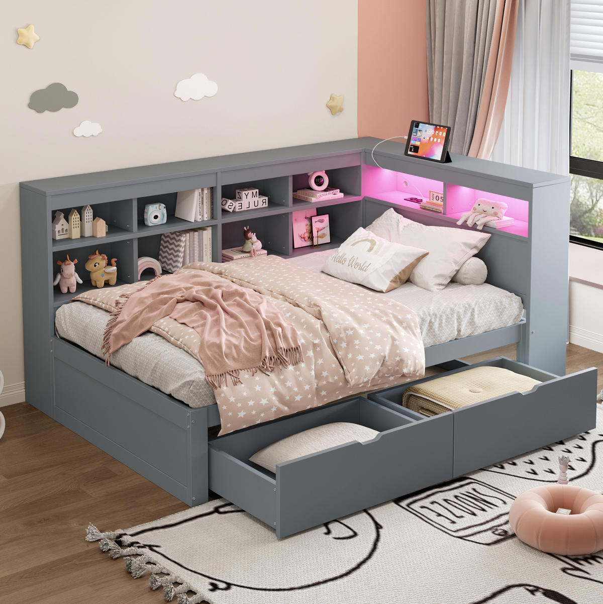 DRVENI krevet od borovine 90x200 cm sivi s USB priključkom, LED rasvjetom i spremištem - siva, drvni materijal (90/200cm) - Modfu