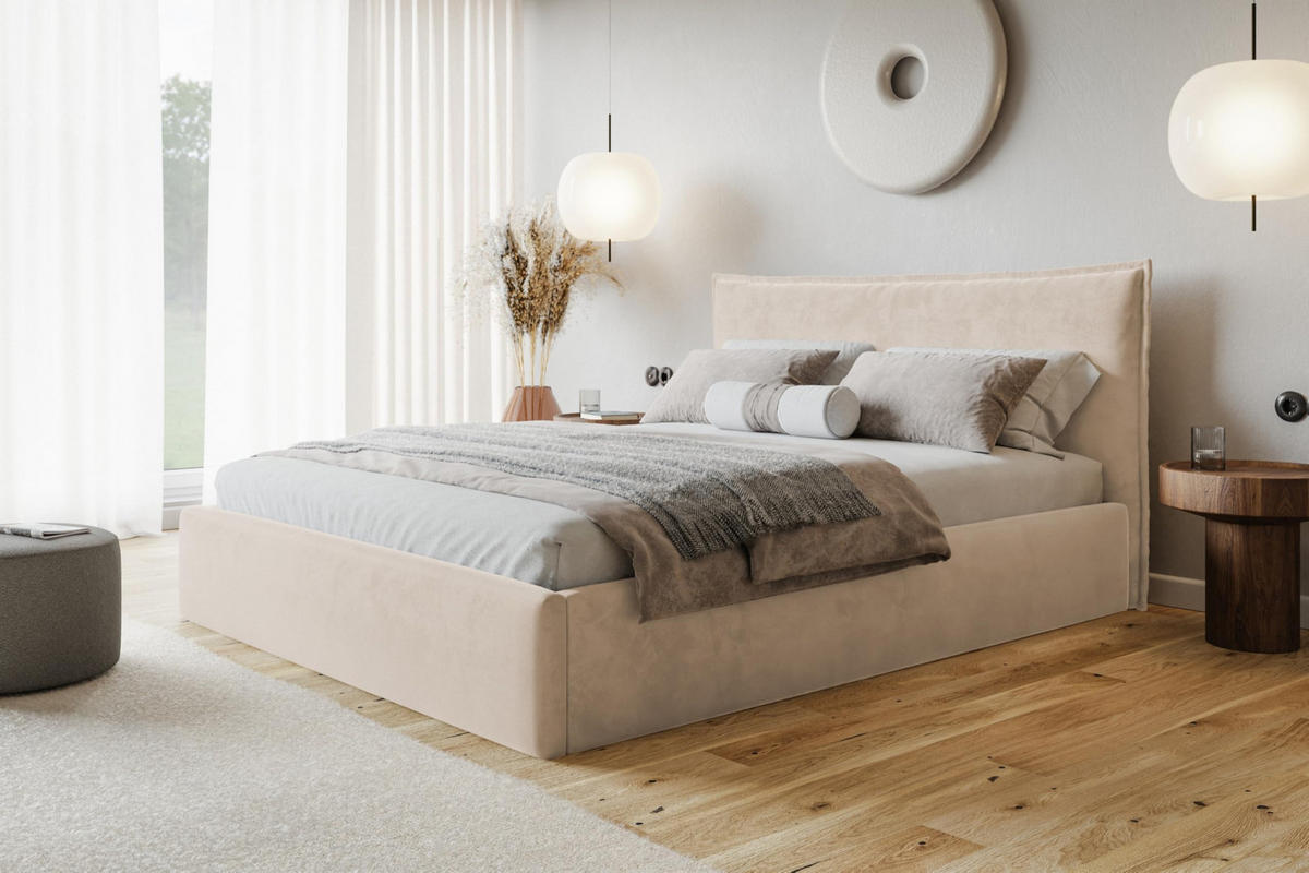 BETT 90x200 - Polsterbett mit Bettkasten und Holzrahmen - Modern Betten - Amor-Samtstoff - Kollektion Rimini - Beige - Beige, Holz/Textil (90/200cm) - Alpi-Möbel