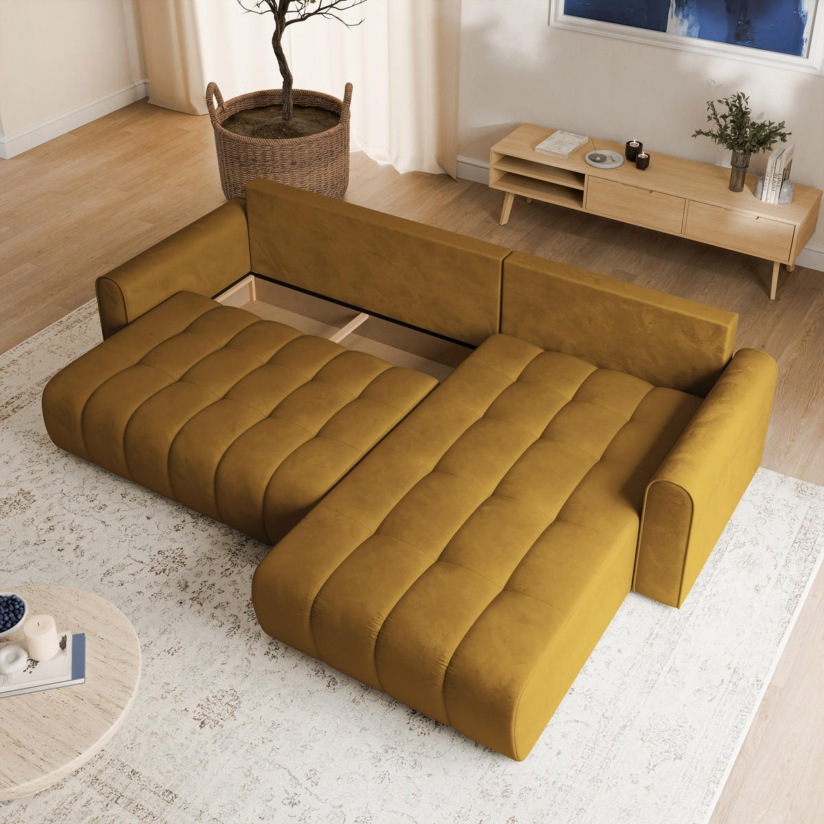 ECKSOFA FRIGA Gelb Velours-Stoff mit Schlaffunktion - Gelb, Holz (283/185cm) - MASSENO