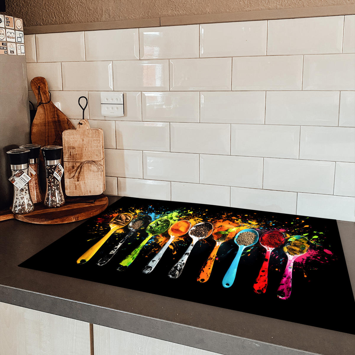 HERDABDECKPLATTE Löffel - Gewürze - Modern - Graffiti - Farbe - Farbenfroh 78x52 cm - Multicolor, Kunststoff (78/0.2/52cm) - MuchoWow