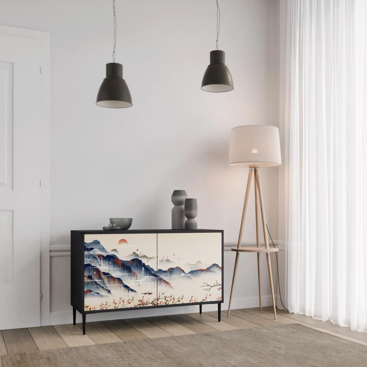 SIDEBOARD JAPANESE LANDSCAPE, Eicheneffekt, 111x42x77,5 cm, 2 Türen - Eichefarben/Buchefarben, Holzwerkstoff/Buchenholz (111/77.5/42cm) - SpaceRebels
