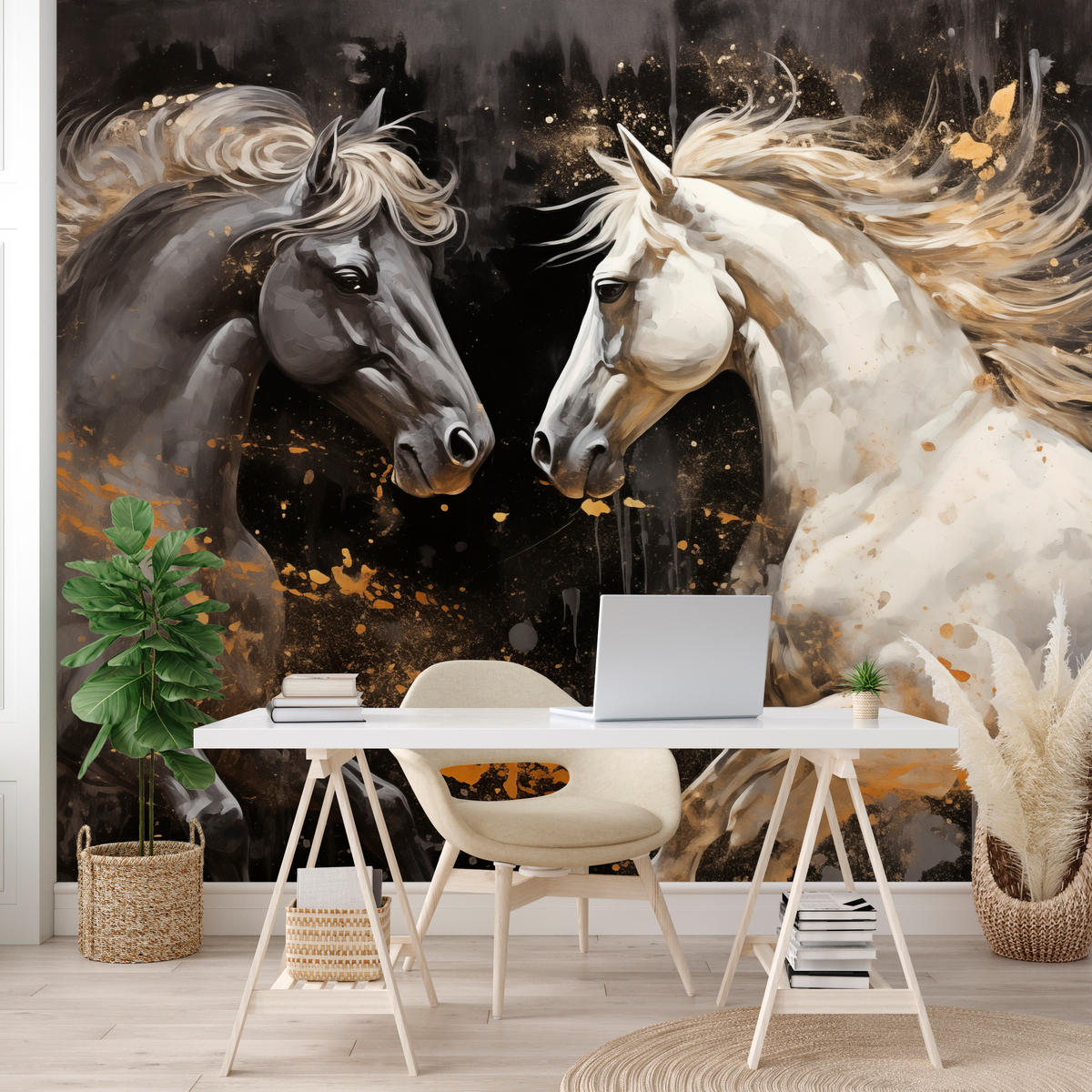 FOTOTAPETE für Büro Schwarz-Weiß Pferd Aquarell Goldakzente Eleganz 450x315 - Beige/Schwarz, Papier (450/315cm) - Muralo