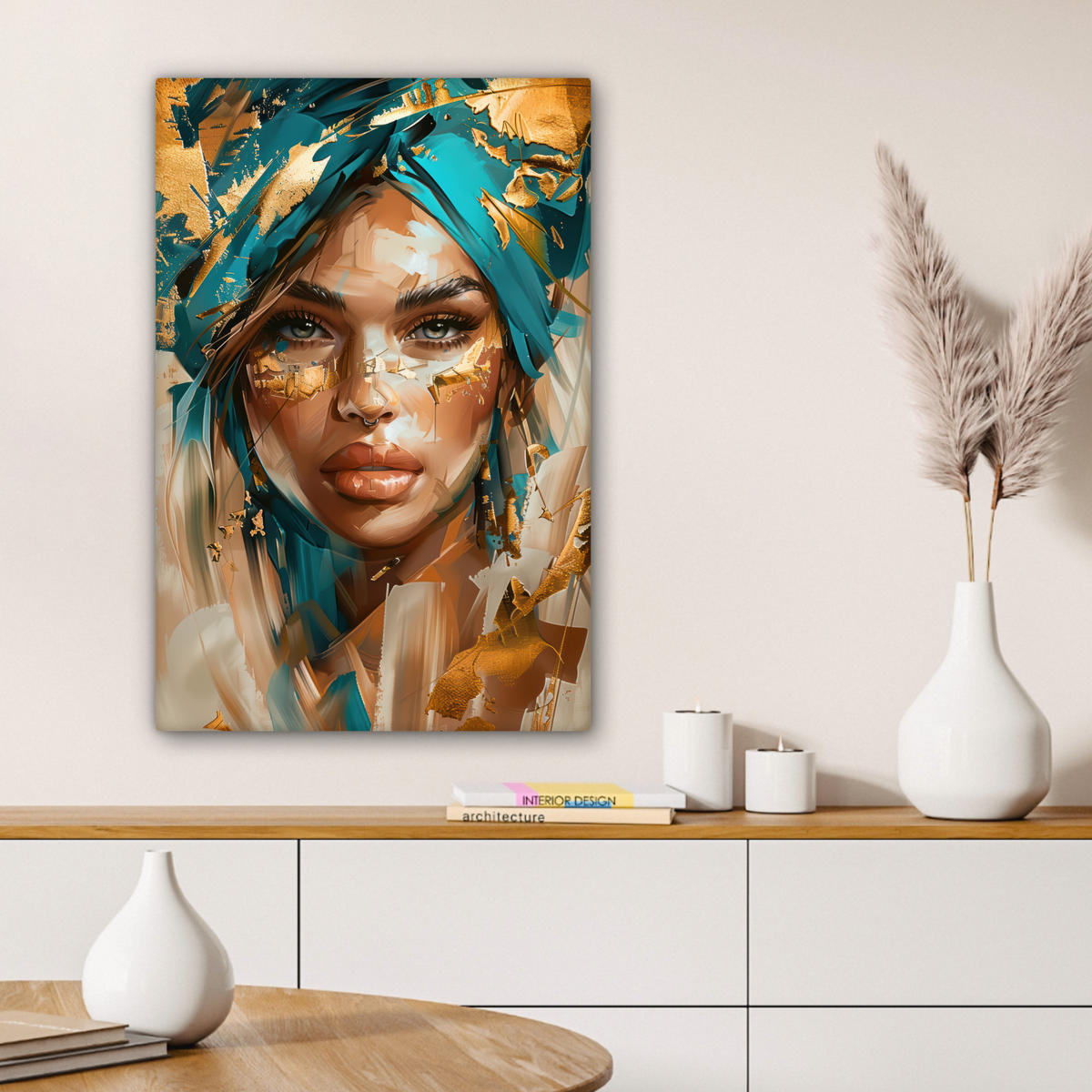 LEINWANDBILD - Frau - Porträt - Gold - Luxus - Blau - 40x60 - Deko Schlafzimmer - Türkis, Textil (40/60cm) - MuchoWow