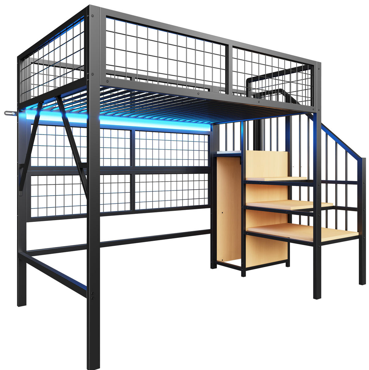 HOCHBETT aus Metall und MDF 90x200 cm Schwarz mit Stauraumtreppe, Kleiderschrank und App-LED - Schwarz, Metall (90/200cm) - IVMEU