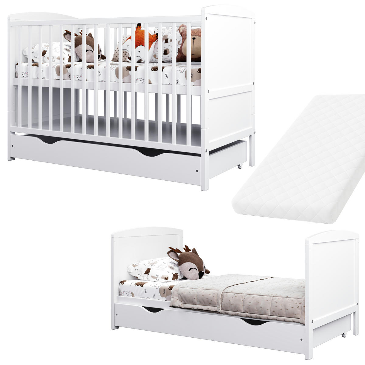 BABYBETT 2-IN-1 mit Schublade mit Matratze 60/120 cm Weiß - Weiß, Holz (60/120cm) - Lettino