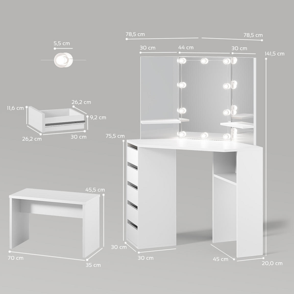 ECKSCHMINKTISCH Enna Weiß 110 cm mit LED Beleuchtung und Bank - Weiß, Holzwerkstoff (110/141.5/54cm) - Livinity®