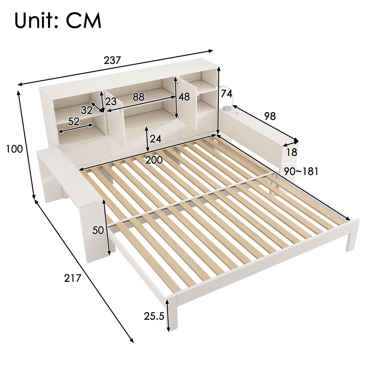 BETT 90/200 cm & 180/200 cm in Weiß mit Ausziehbett, Stauraum, USB, Type-C und LED Holz Design - Weiß, Holzwerkstoff (90/200cm) - STILVORA