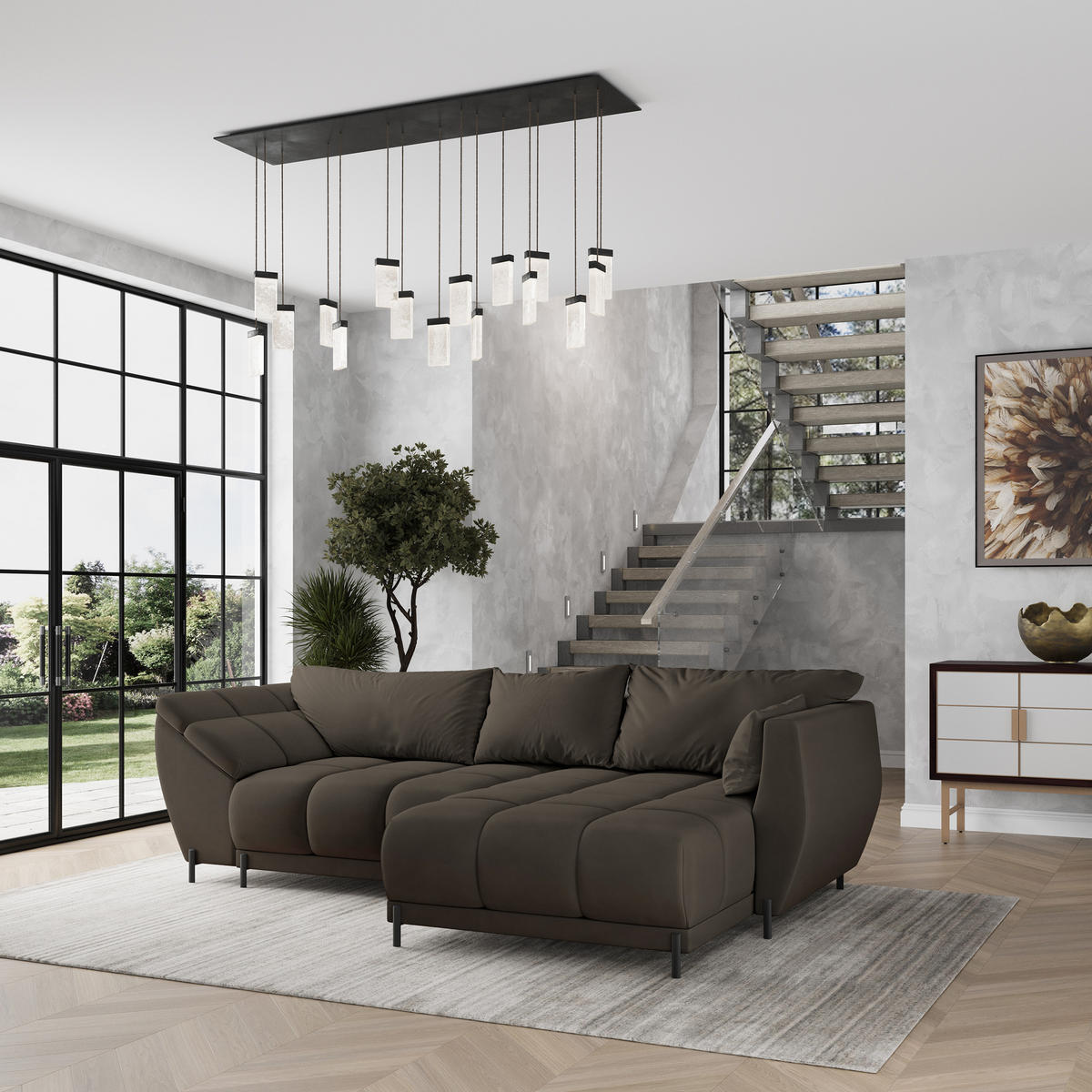 ECKSOFA VESTANO R-S Braun Velours-Stoff mit Schlaffunktion - Braun, Holz (287/182cm) - MASSENO