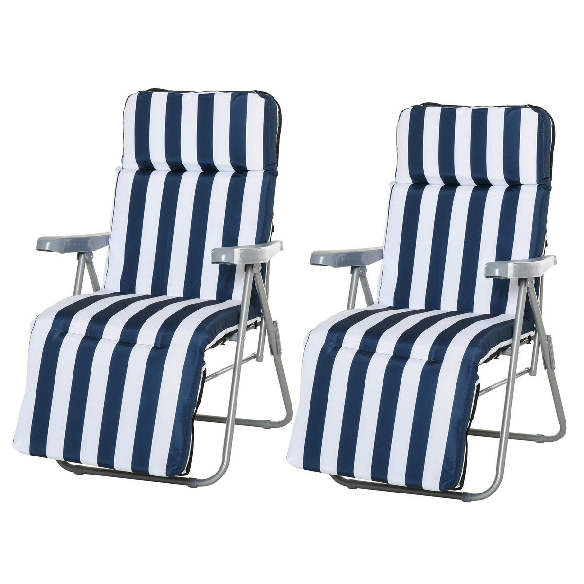 2 x Klappstühle Gartenstuhl Sonnenliege Armlehne klappbar 5 Positionen Auflage Blau 60 x 75 x 102 cm - Blau, Metall (60/102/75cm)
