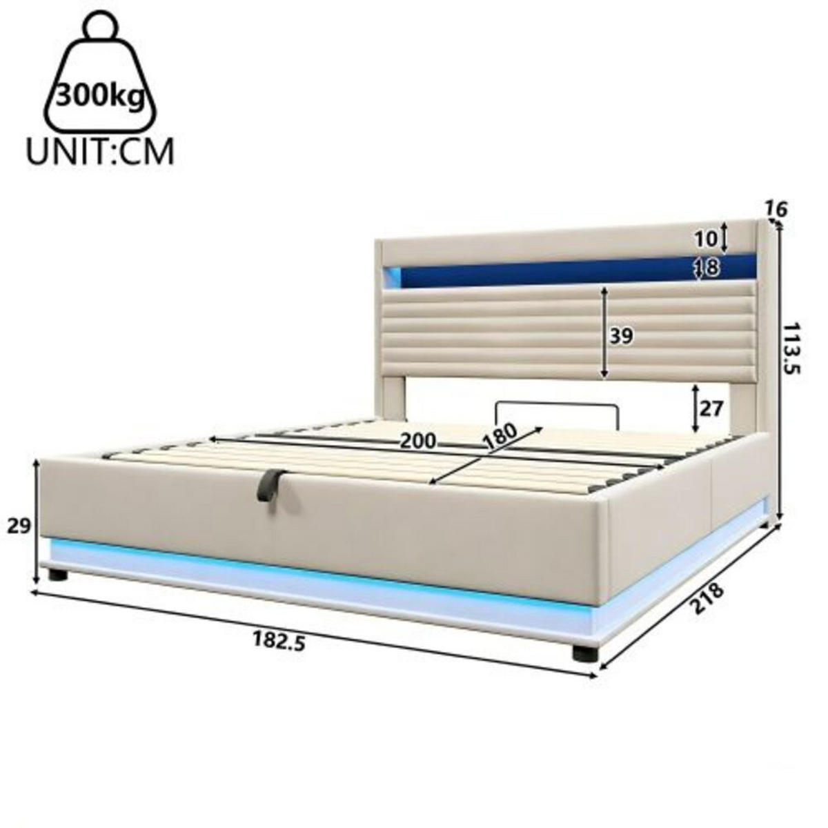 POLSTERBETT beige 218×182×113,5 cm aus Leinen-Stoff mit Hydraulikbettkasten, zweiseitigen LED-Leisten - Beige, Textil (180/200cm) - Luhomfu