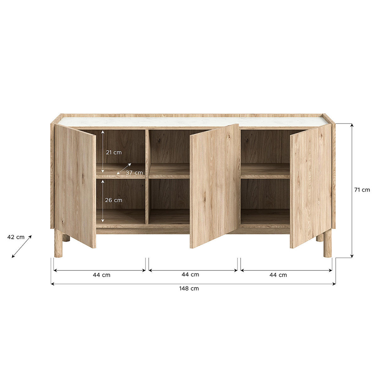 SIDEBOARD - Marmor Weiß Dekor / Eiche Hickory Dekor - Weiß, Holzwerkstoff (148/71/42cm) - home24