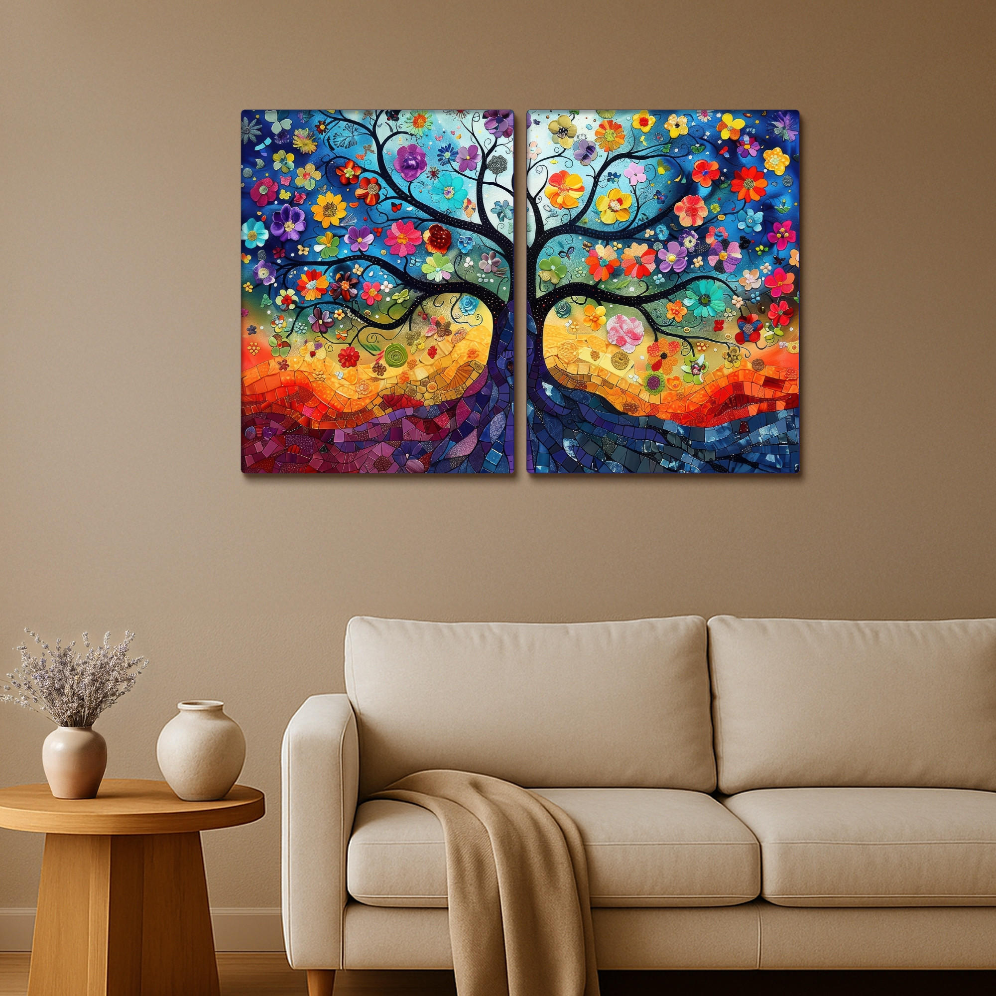 LEINWANDBILD 2er Set Bunt - Baum des Lebens - Blumen - Abstrakt 100x70 cm - Blau, Textil (100/70cm) - MuchoWow
