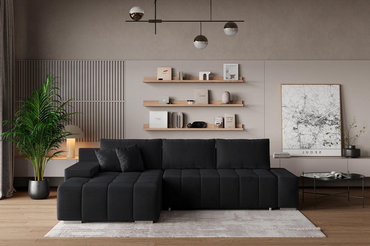 ECKSOFA ALESE L-S Schwarz Velours-Stoff mit Schlaffunktion - Schwarz, Holz (265/185cm) - MASSENO