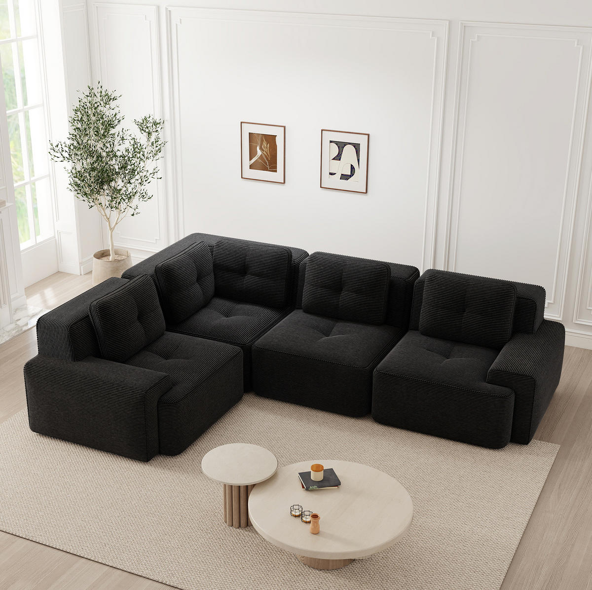 ECKSOFA 295/206/69 cm schwarz aus Cord mit modularem Design und ohne Aufbau - Schwarz, Textil (206/295cm) - OKWISH