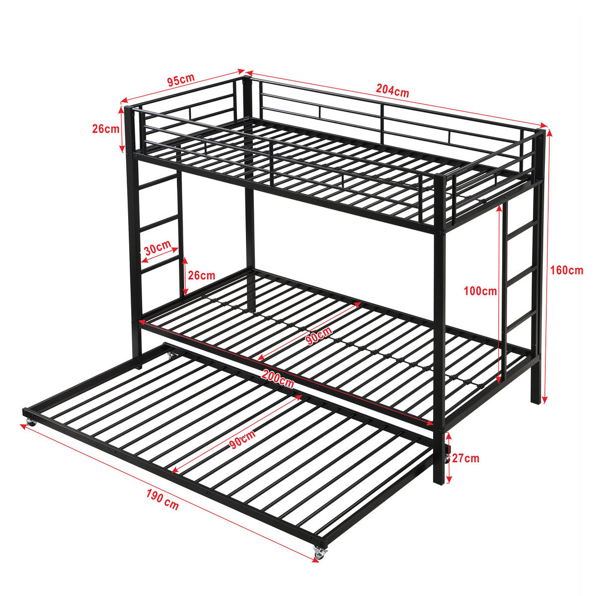 ETAGENBETT 90x200cm Schwarz Metall Ausziehbett EN747 hohe Geländer - Schwarz, Metall (90/200cm) - FLIEKS