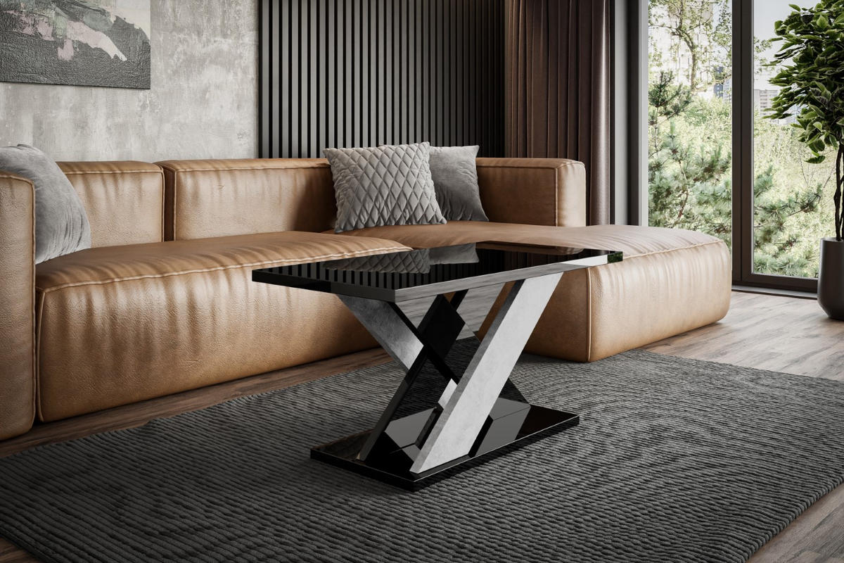 KAFFEETISCH 110x70x60 cm - Hochglanz Schwarz / Betonoptik - AOX - Schwarz Hochglanz, Holzwerkstoff (110/70/60cm) - ALTDECOR