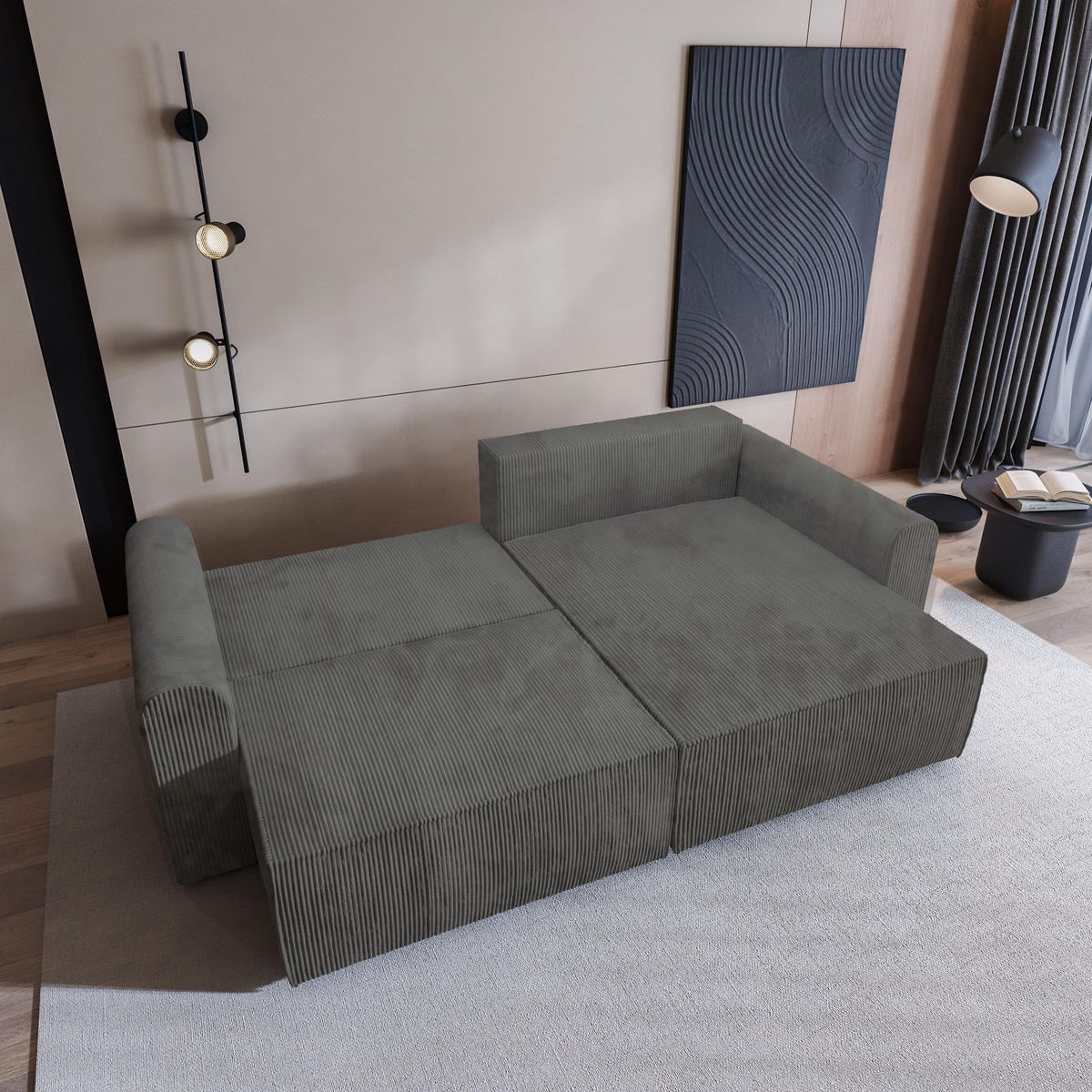 ECKSOFA FIANO P Grau Kordstoff mit Schlaffunktion - Grau, Holz (245/148cm) - MASSENO