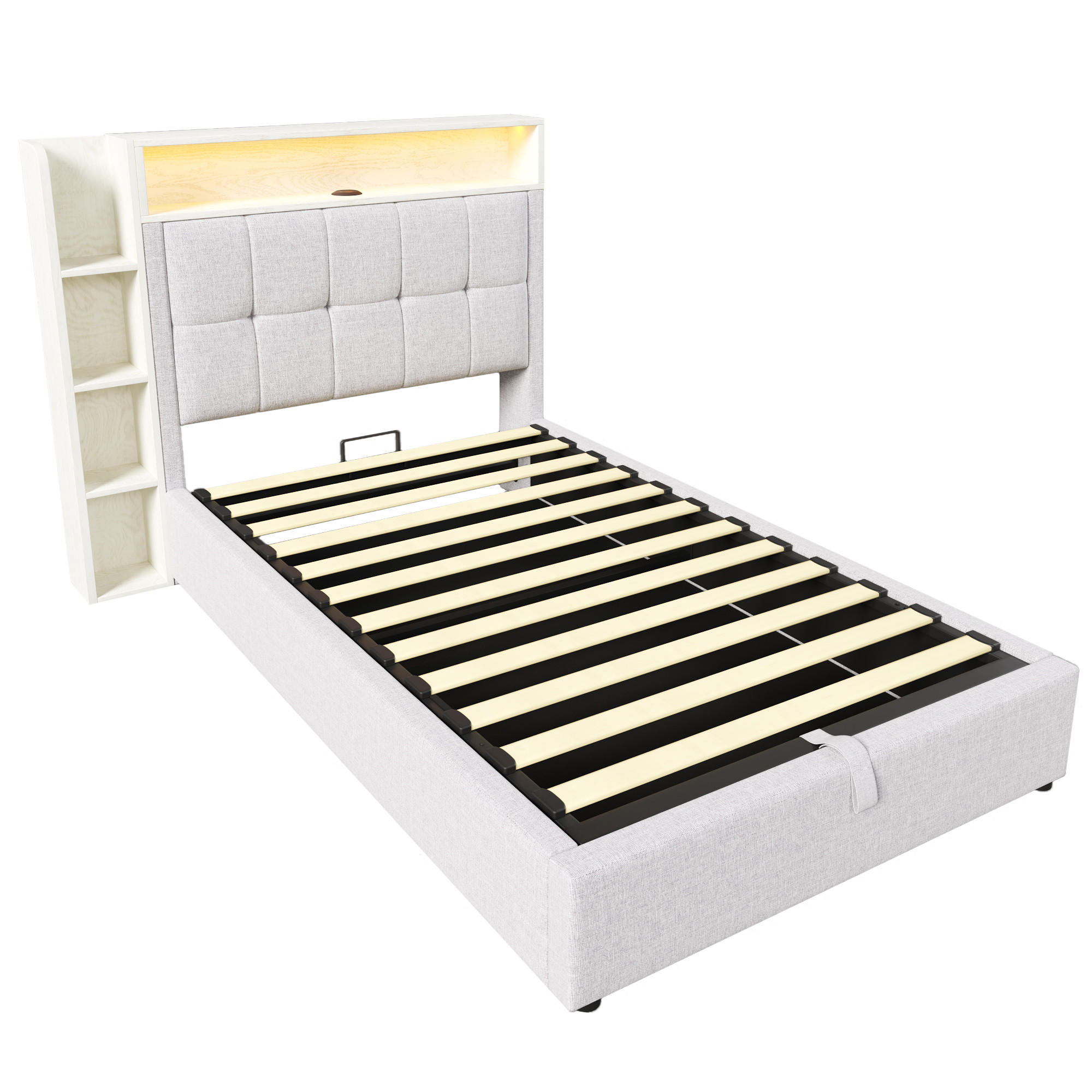 STAURAUMBETT 90/200 cm DE-04874, mit LED, USB+Typ-C und Hydraulik in Beige - Beige, Holzwerkstoff/Metall (90/200cm) - ComfortXL
