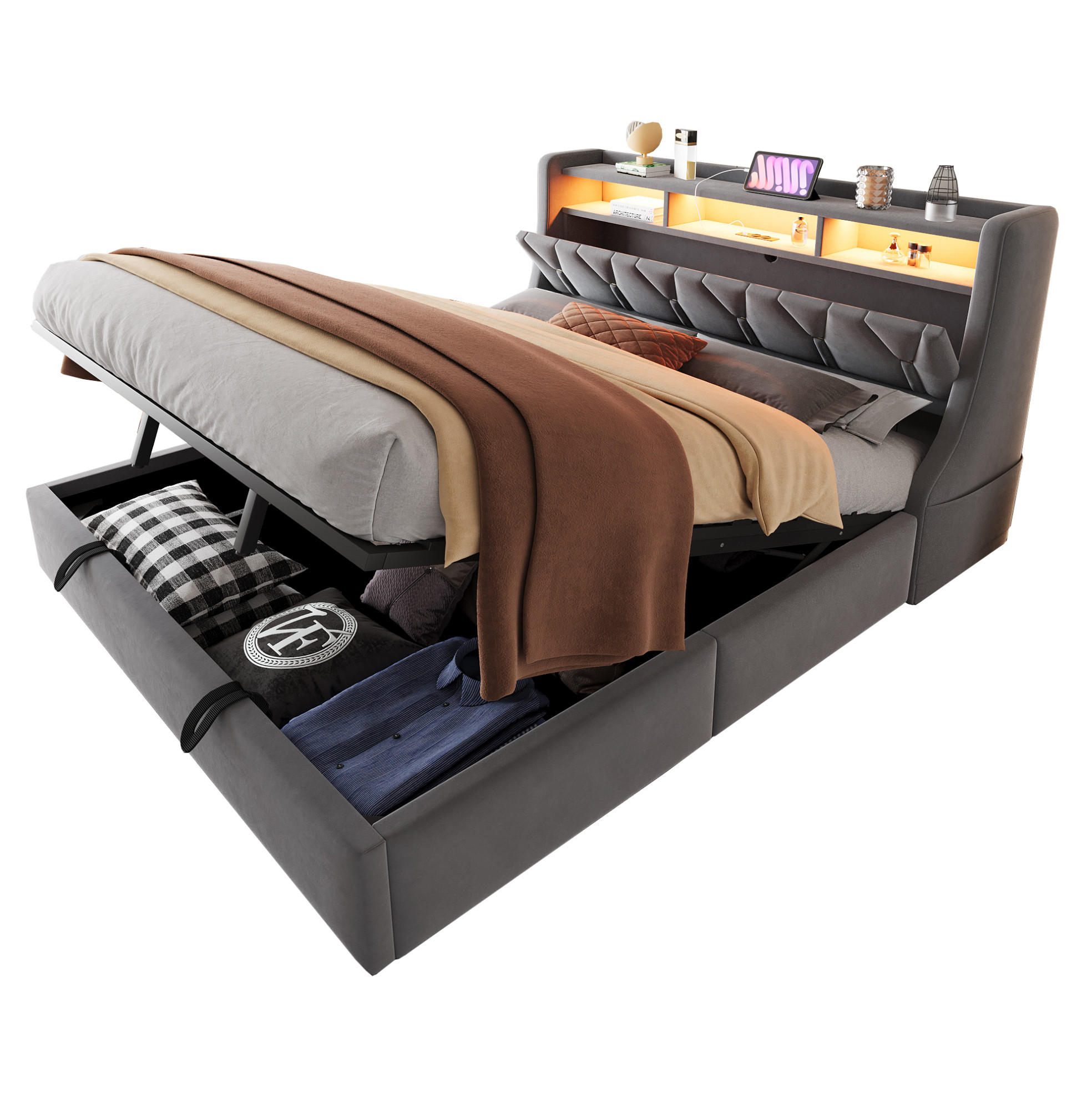 POLSTERBETT 180/200 cm Grau aus Samtstoff mit Stauraum - Grau, Textil (180/200cm) - OKMYHOME