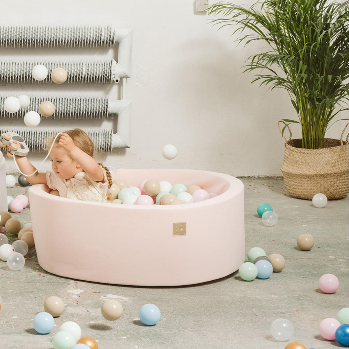 BÄLLEBAD für Kinder 90x30cm, Rund, Baumwolle, Hellrosa|Minze|Himmelblau|Hellrosa|Pastellrosa - Hellrosa/Dunkelrosa, Textil (90/90/30cm) - MeowBaby