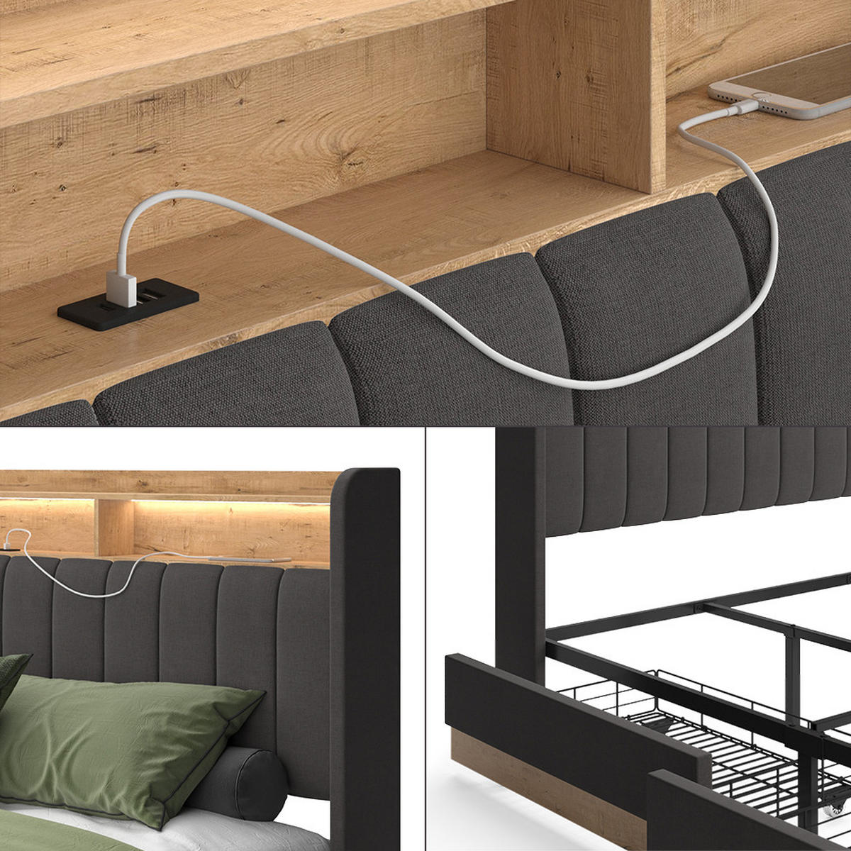 ČALOUNĚNÁ POSTEL Nura Antracit - antracitová/barva dubu, kompozitní dřevo - VitaliSpa