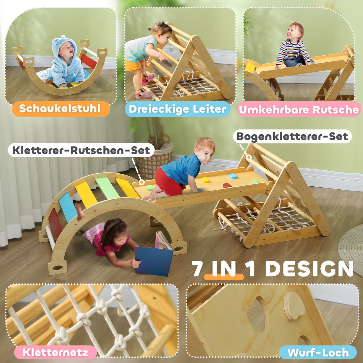 KLETTERGERÜST Indoor, 7 in 1 Kletterdreieck mit Rutsche Kletterbogen Rampe Holz - Multicolor, Holz (62.5/57/168cm) - AIYAPLAY