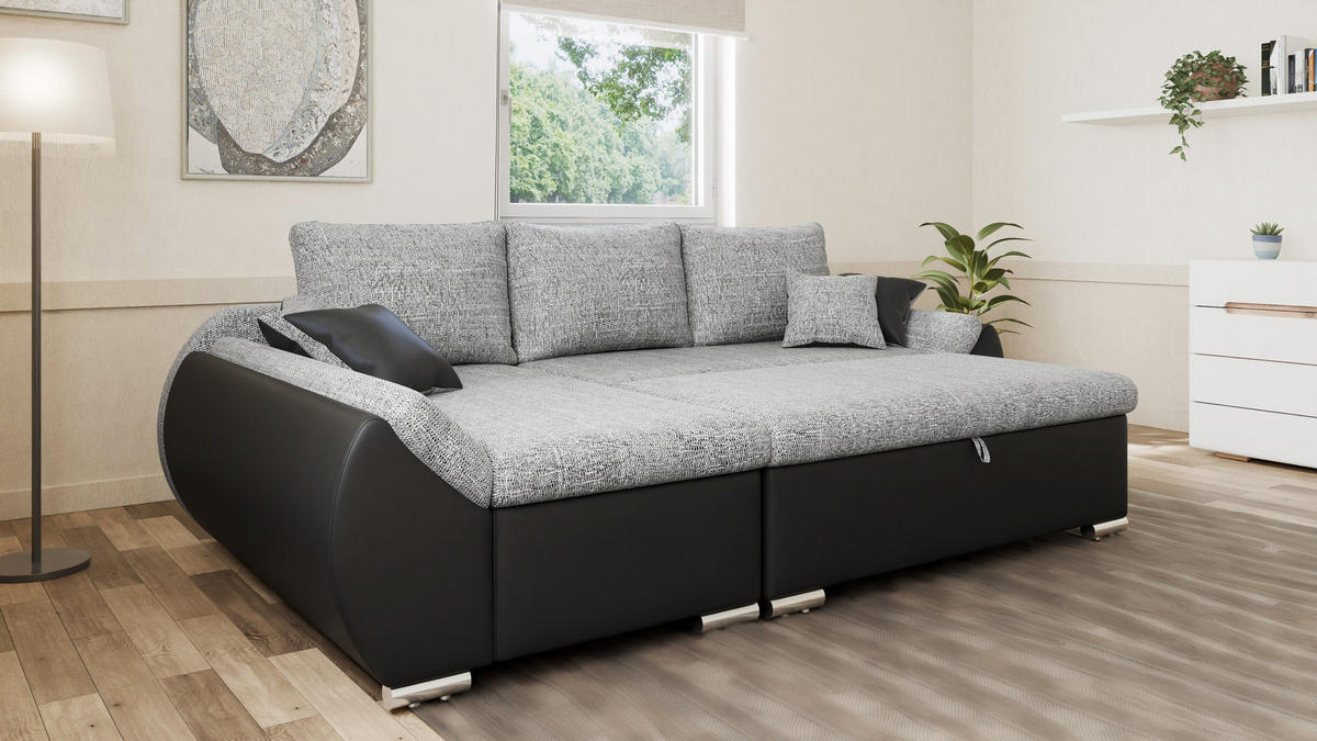 ECKSCHLAFSOFA ALEX – Grau + Schwarz (Lawa 05 + Soft 11) + Hocker - Links - Grau, Holzwerkstoff/Metall (275/155cm) - Möblo
