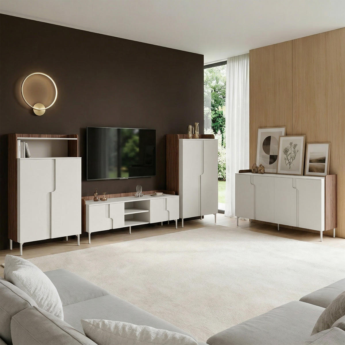 KOMMODE Positivo mit 4 Türen, 180 cm, Alba-Nuss + Kaschmir - Nussbaumfarben, Holzwerkstoff (183/110/42cm) - Beautysofa