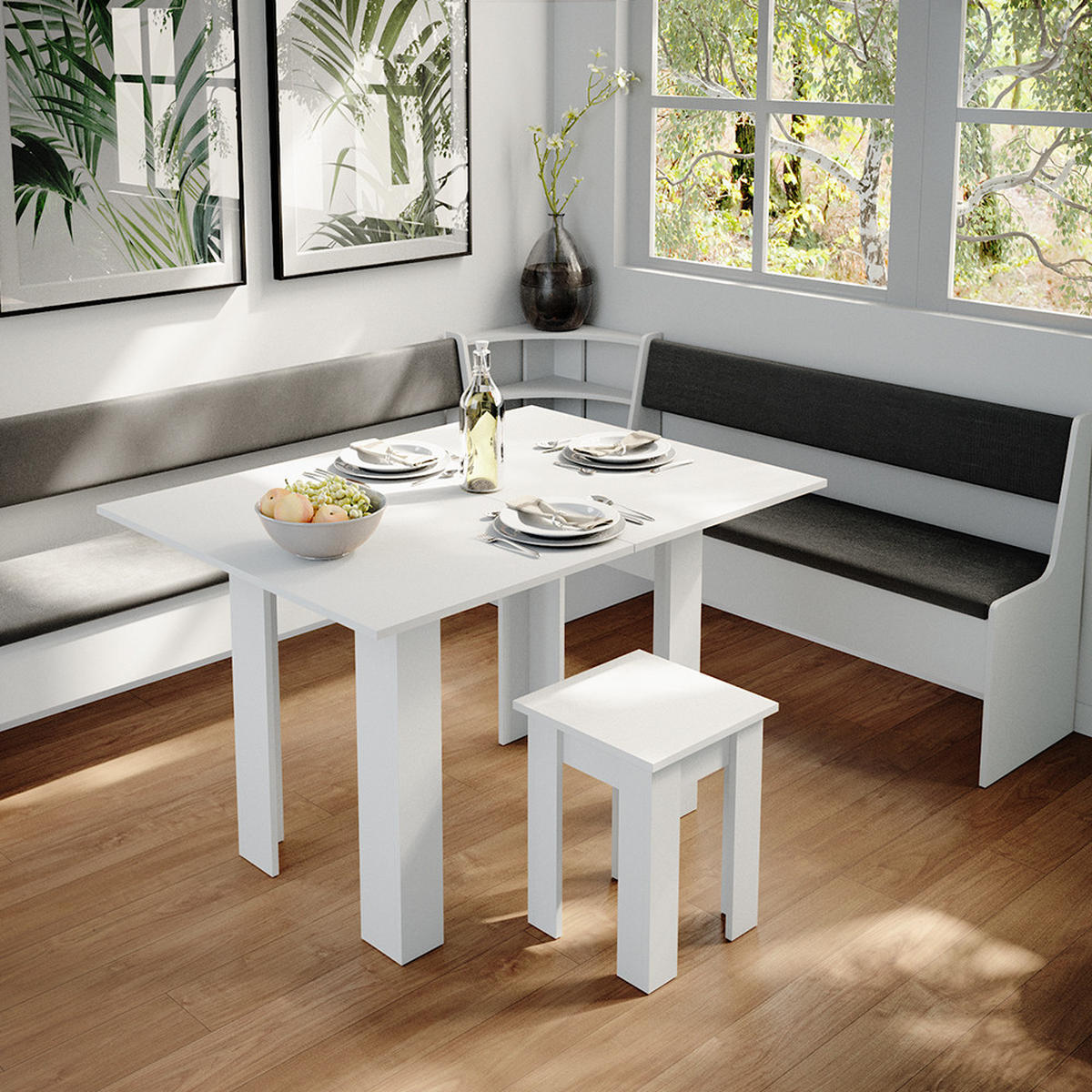 ECKBANKGRUPPE Roman Weiß 210 x 41.5 cm mit Tisch - Anthrazit/Weiß, Holzwerkstoff (210/80/180cm) - Vicco