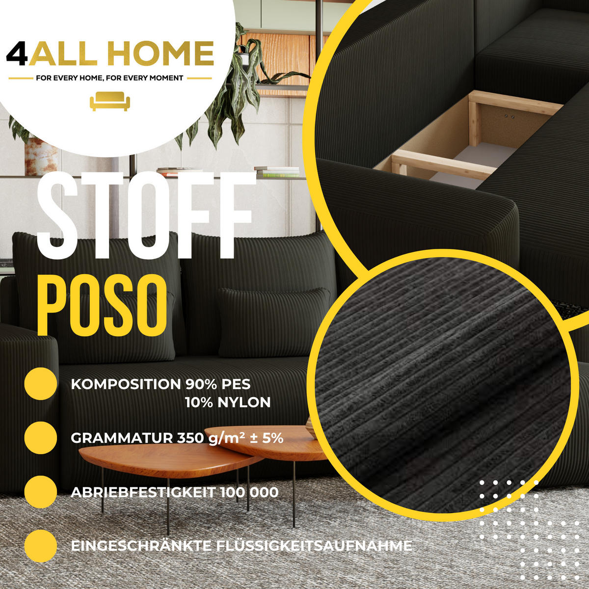 ECKSOFA Travis mit Bettkasten und Schlaffunktion, L-Form, Cord, Universal - Anthrazit, Holzwerkstoff (248/148cm) - 4ALL HOME