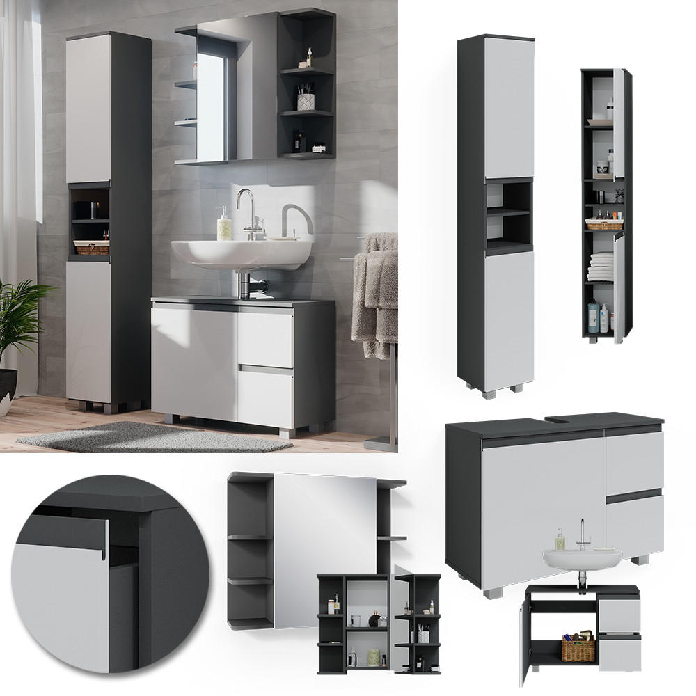 BADMÖBEL-SET J-Shape Anthrazit 3 Teile, mit Hochschrank - Anthrazit/Weiß, Holzwerkstoff (80/60/33cm) - Vicco