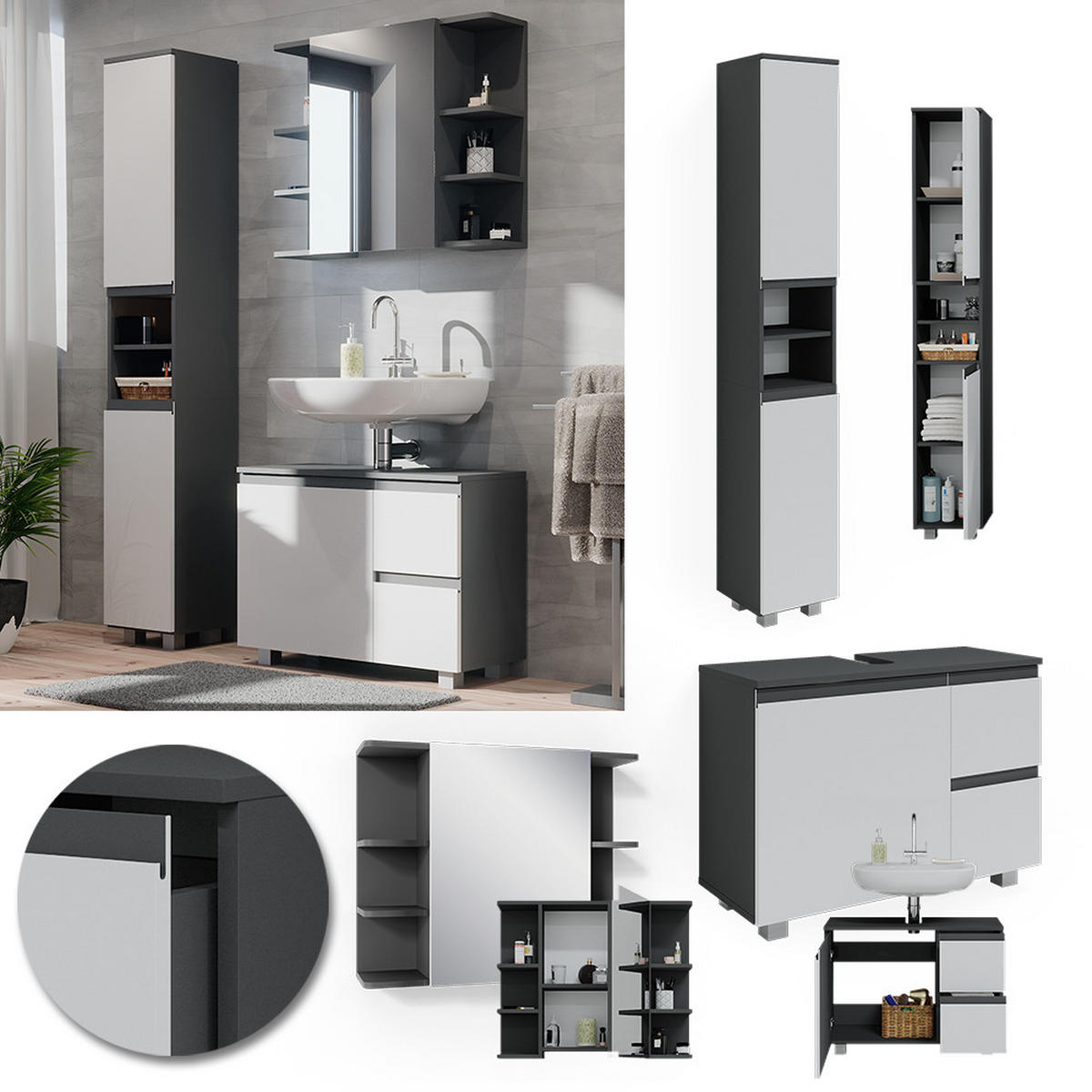 BADMÖBEL-SET J-Shape Anthrazit 3 Teile, mit Hochschrank - Anthrazit/Weiß, Holzwerkstoff (80/60/33cm) - Vicco