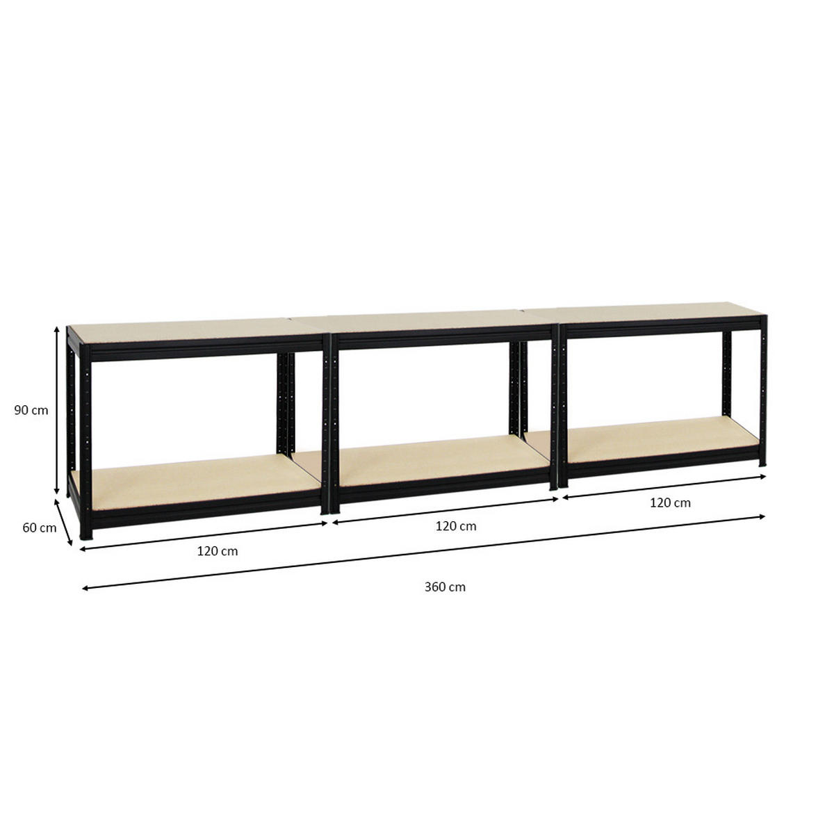 WERKBANK Dino 3er-Set mit 3x höhenverstellbar 90x120x60 cm Traglast 600 kg Schwarz - Schwarz, Metall (360/90/60cm) - PROREGAL