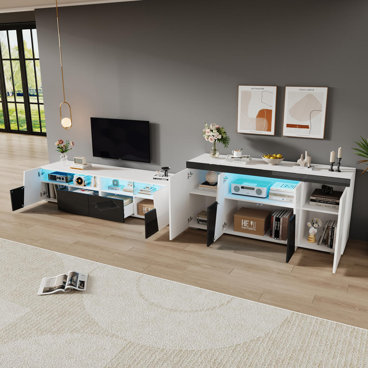 TV-SCHRANKSET 180cm Schwarz Weiß Hochglanz LED MDF - Weiß, Holzwerkstoff (180/45/38.5cm) - FLIEKS