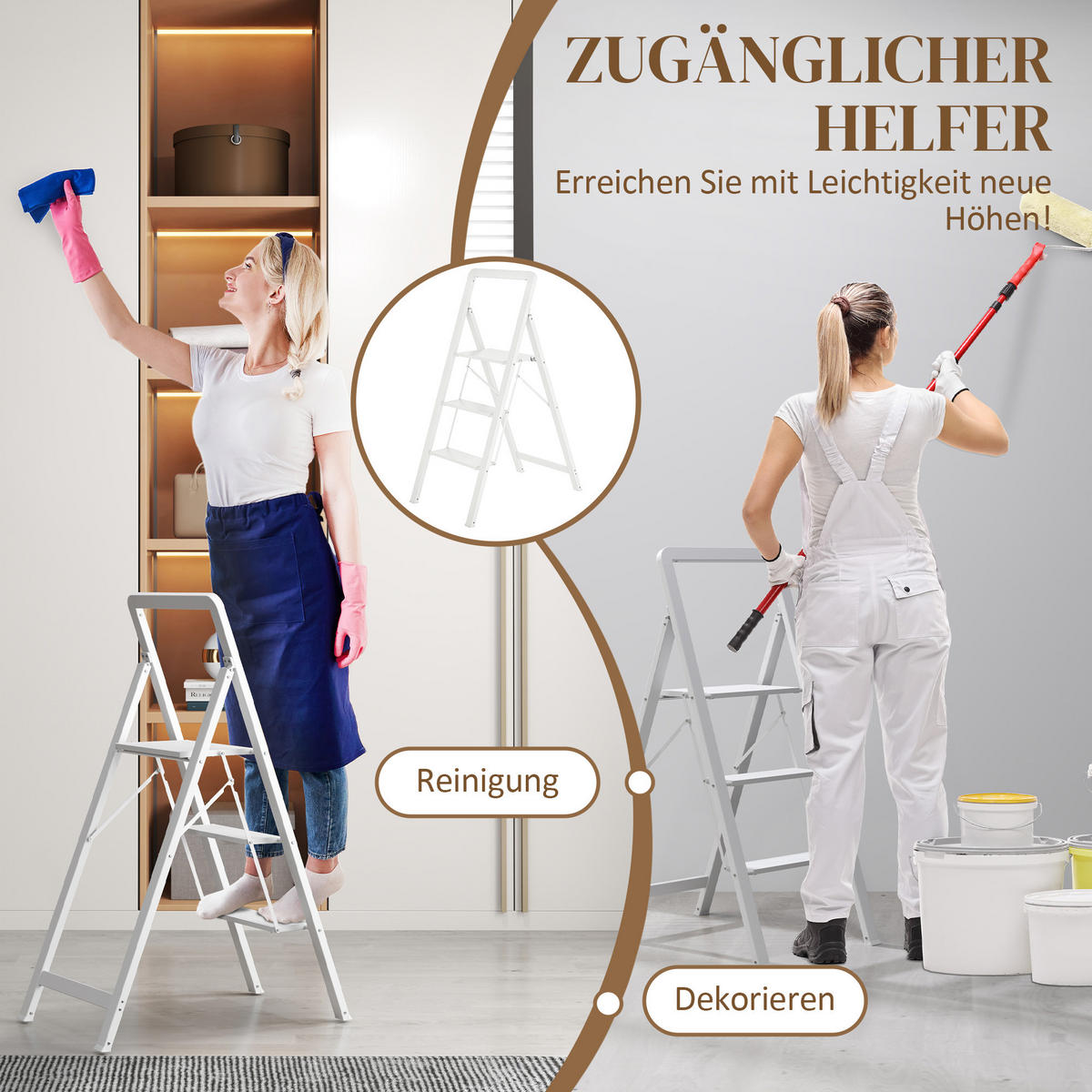TRITTLEITER Stehleiter mit 3 Stufen Leichtbau Aluminum-Leiter 66,3 x 41,5 x 104,6 cm Weiß - Weiß, Metall (41.5/66.3/104.6cm) - HOMCOM