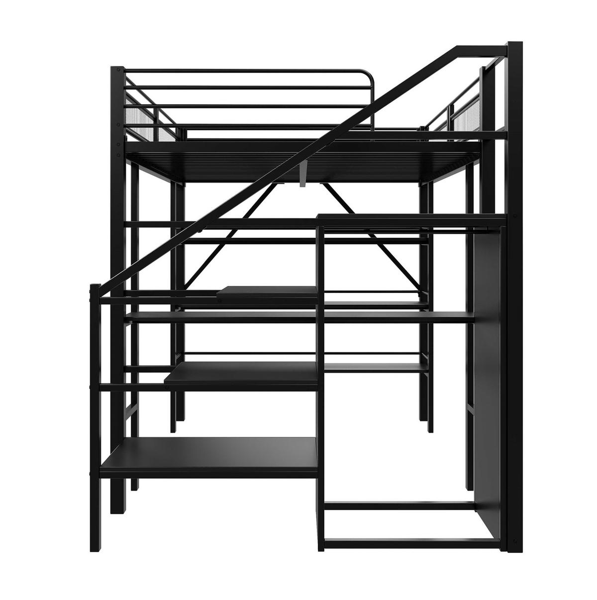 HOCHBETT 140/200 cm mit Schreibtisch, Regal, Kleiderschrank und Sicherheitstreppe, Metall, Schwarz - Schwarz, Metall (140/200cm) - Redom