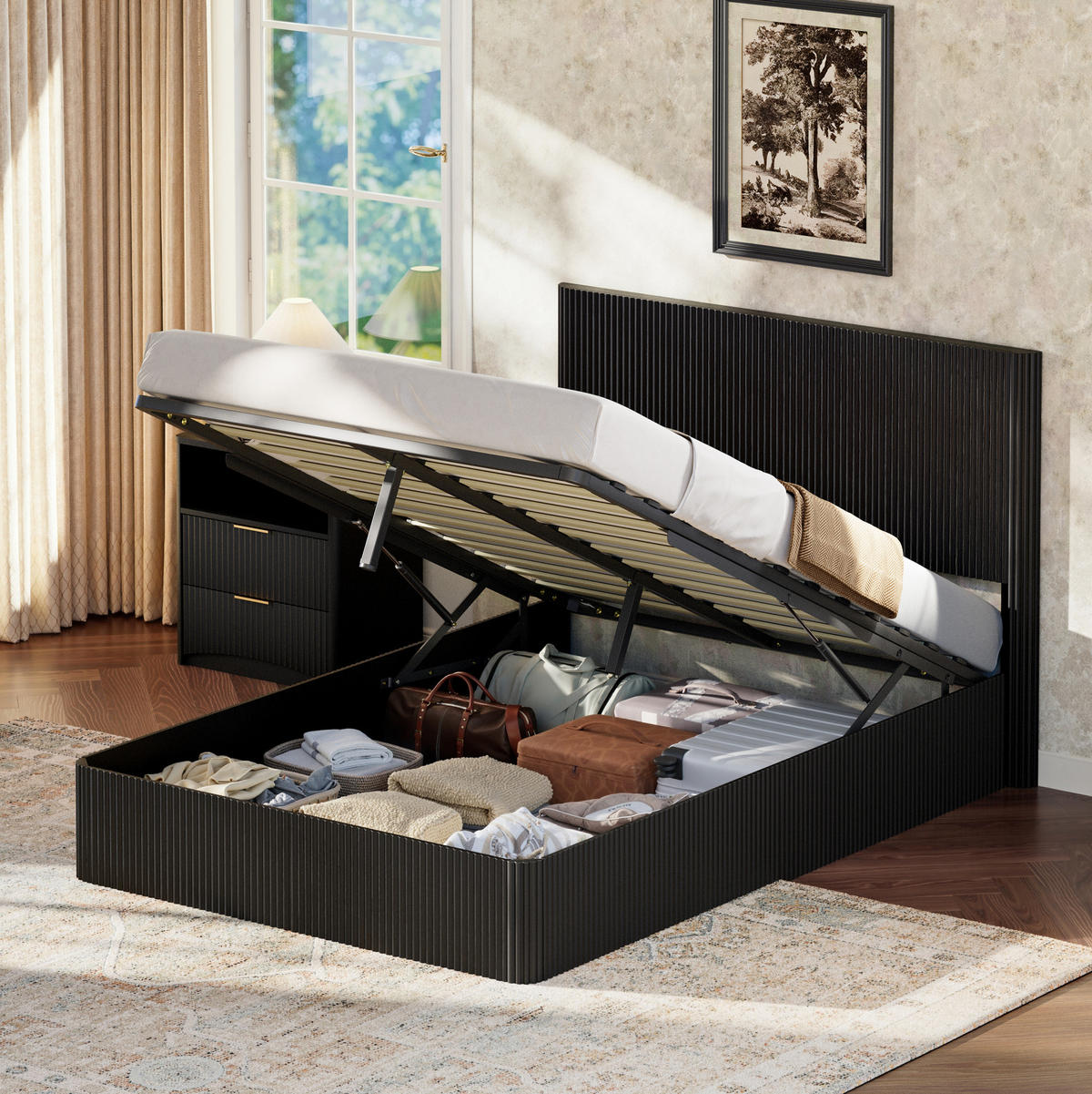 POLSTERBETT 140/200 cm mit hydraulischem Bettkasten, Rillendesign und Hochglanz-Oberfläche, Schwarz - Schwarz, Holzwerkstoff (140/200cm) - Redom