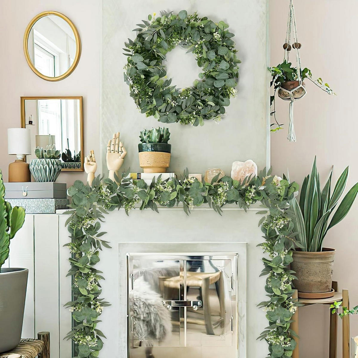 GIRLANDE 2-teiliges Set Eukalyptus mit weißen Blüten 170 cm - Grün, Kunststoff (180cm)