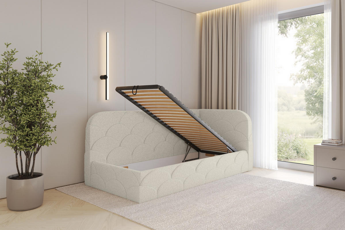 EINZELLBETT Jugendbett mit Bettkasten und Matratze H3/H4, Links - ELRY 90x200 Beige - Champagner, Holzwerkstoff/Textil (90/200cm) - ALTDECOR