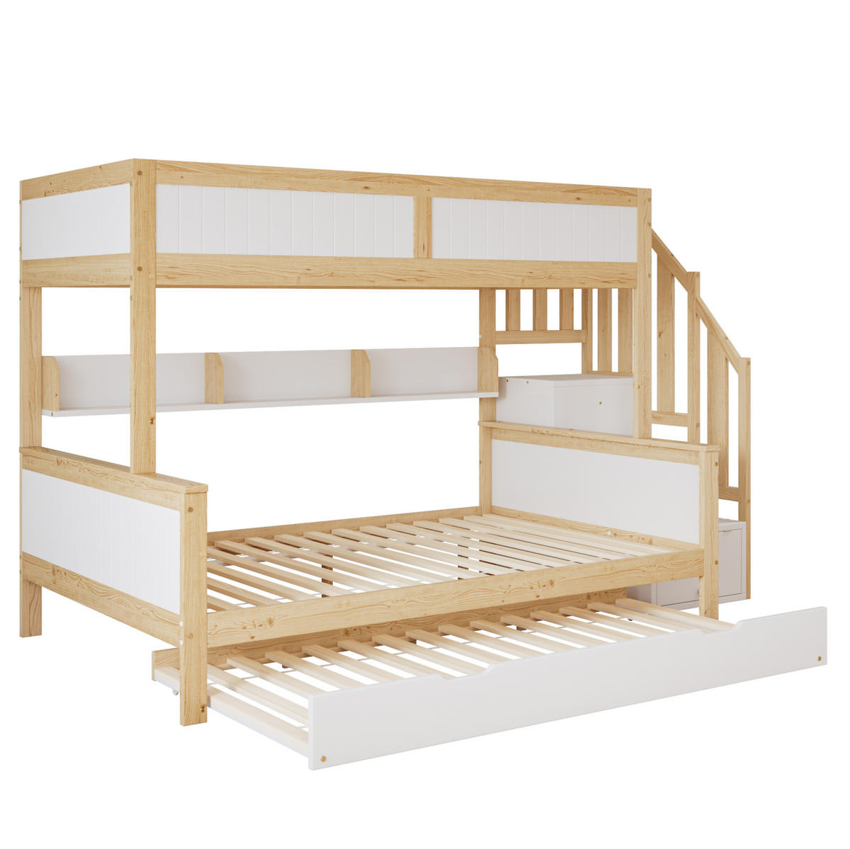 ETAGENBETT 90/200 cm & 120/200 cm mit Rollbett, Ecktreppe, Kleiderschrank und Fallschutz, Kiefer/MDF, Weiß/Natur - Weiß, Holzwerkstoff (90/200cm) - Redom