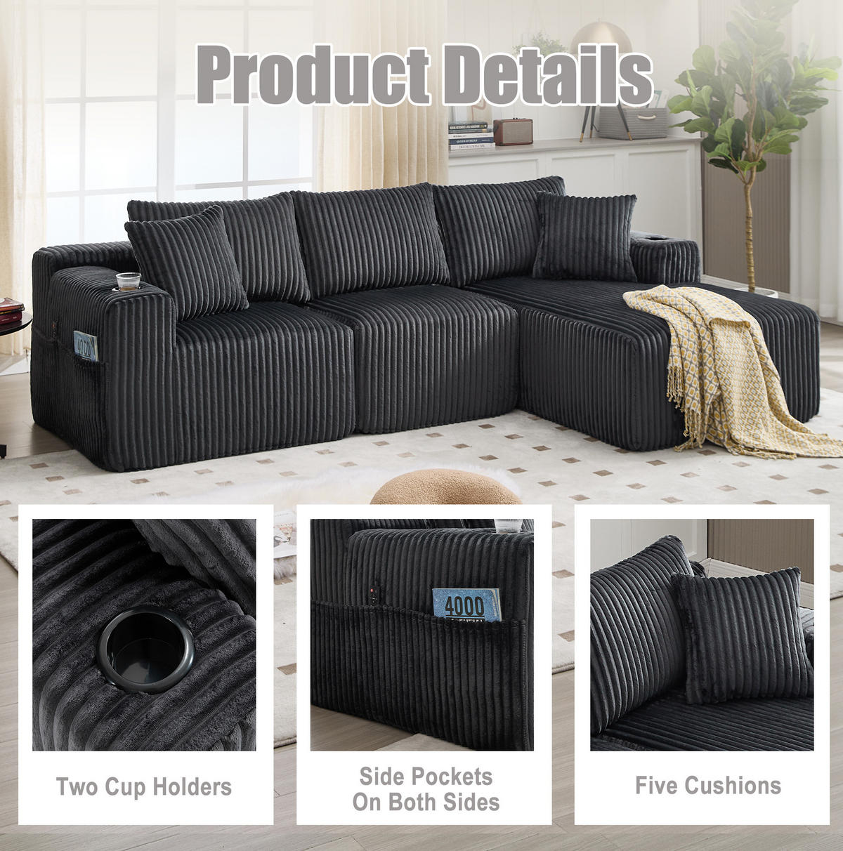 ECKSOFA 257/90-160/62 cm Grau aus Cord mit Chaiselongue - Grau, Textil (160/257cm) - OKMYHOME