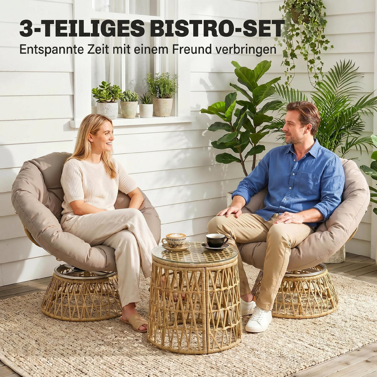 BISTRO-SET DE-06707 360° drehbare Stühle, wetterbeständig Natur/Hellbraun - Mokka, Kunststoff/Metall - ComfortXL